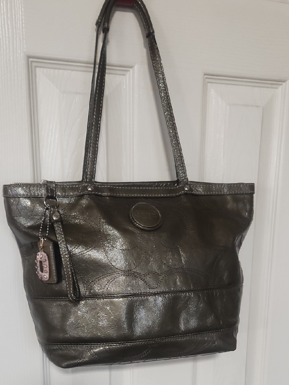 Coach Shimmering Silver & Green Tote Bag, Unique